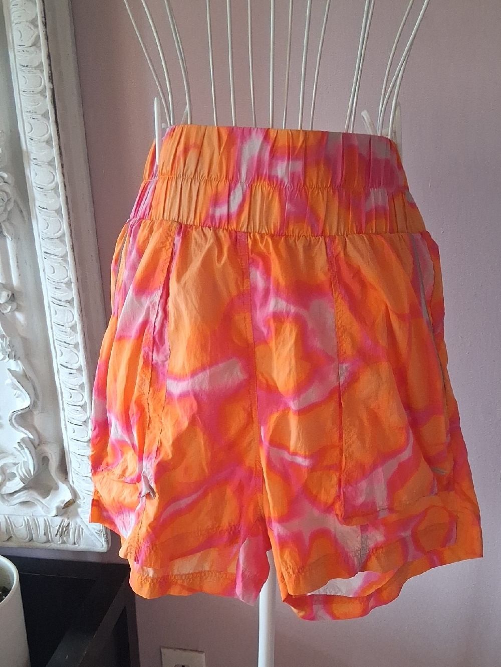 Fabletics Orange & Pink Tie-Dye Elastic-Waist Shorts